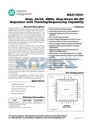 MAX15021 datasheet - Dual, 4A/2A, 4MHz, Step-Down DC-DC Regulator with Tracking/Sequencing Capability