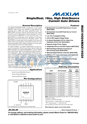 MAX15024 datasheet - Single/Dual, 16ns, High Sink/Source Current Gate Drivers