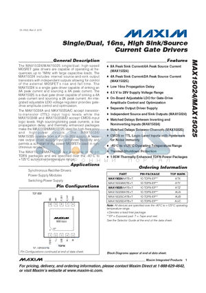 MAX15024AATB+ datasheet - Single/Dual, 16ns, High Sink/source Current Gate Drivers