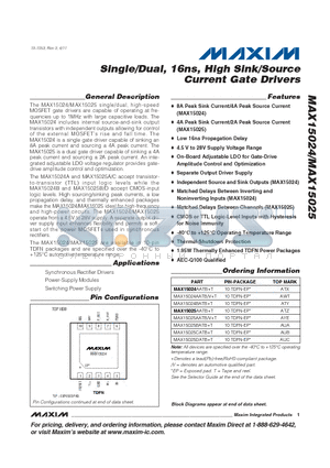MAX15024 datasheet - Single/Dual, 16ns, High Sink/Source Current Gate Drivers AEC-Q100 Qualified