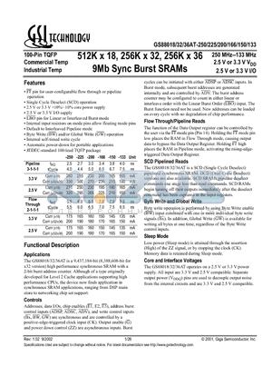 GS88018AT-200I datasheet - 512K x 18, 256K x 32, 256K x 36 9Mb Sync Burst SRAMs