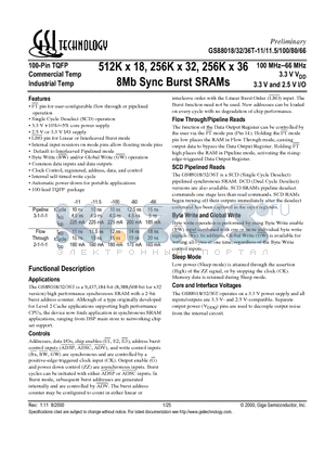 GS88018T datasheet - 512K x 18, 256K x 32, 256K x 36 8Mb Sync Burst SRAMs