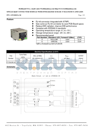 LT1S023A-34 datasheet - SINGLE RJ45 CONNECTOR MODULE WITH INTEGRATED 10 BASE T MAGNETICS AND LEDS