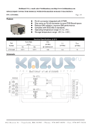 LT1S104A datasheet - SINGLE RJ45 CONNECTOR MODULE WITH INTEGRATED 10 BASE-T MAGNETICS