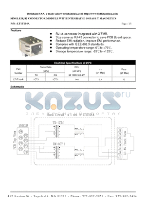 LT1T104A datasheet - SINGLE RJ45 CONNECTOR MODULE WITH INTEGRATED 10 BASE T MAGNETICS