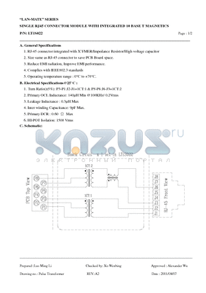 LT1S022 datasheet - SINGLE RJ45 CONNECTOR MODULE WITH INTEGRATED 10 BASE T MAGNETICS