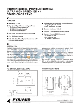 P4C198-25PI datasheet - ULTRA HIGH SPEED 16K x 4 STATIC CMOS RAMS