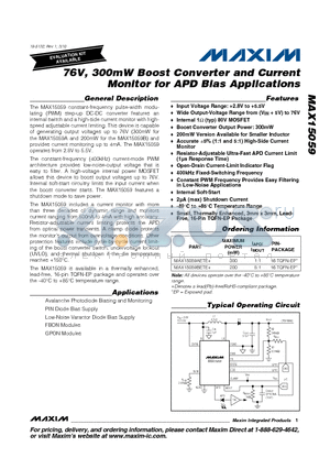MAX15059AETE+ datasheet - 76V, 300mW Boost Converter and Current Monitor for APD Bias Applications