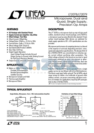 LT2078CS8 datasheet - Micropower, Dual and Quad, Single Supply, Precision Op Amps