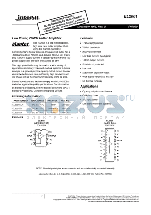EL2001 datasheet - Low Power, 70MHz Buffer Amplifier