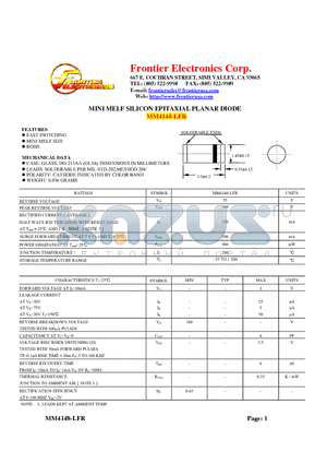 MM4148-LFR datasheet - MINI MELF SILICON EPITAXIAL PLANAR DIODE