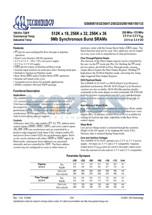 GS880E18AT-200 datasheet - 512K x 18, 256K x 32, 256K x 36 9Mb Synchronous Burst SRAMs