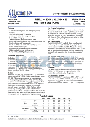 GS880E18BGT-200I datasheet - 512K x 18, 256K x 32, 256K x 36 9Mb Sync Burst SRAMs