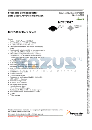MCF53015CMJ240J datasheet - Version 3 ColdFire^ core with EMAC