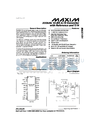 MAX151BENG datasheet - 300kHz 10-Bit A/D Converter with Refrence and T/H