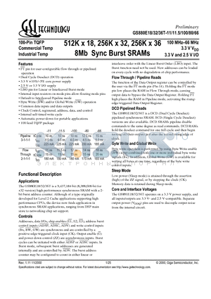 GS880E18T-11I datasheet - 512K x 18, 256K x 32, 256K x 36 8Mb Sync Burst SRAMs