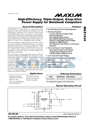MAX1534 datasheet - High-Efficiency, Triple-Output, Keep-Alive Power Supply for Notebook Computers