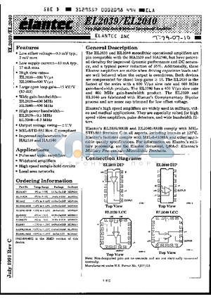 EL2039L datasheet - Very High Slew Rate Wideband Operational Amplifier