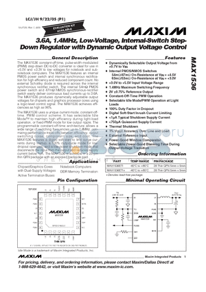MAX1536 datasheet - 3.6A, 1.4MHz, Low-Voltage, Internal-Switch Step-Down Regulator with Dynamic Output Voltage Control