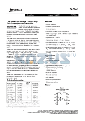 EL2044CSZ datasheet - Low Power/Low Voltage 120MHz Unity-Gain Stable Operational Amplifier