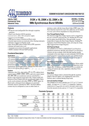 GS880E36AT-250 datasheet - 512K x 18, 256K x 32, 256K x 36 9Mb Synchronous Burst SRAMs