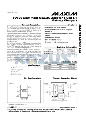 MAX1551-MAX1555 datasheet - SOT23 Dual-Input USB/AC Adapter 1-Cell LiBattery Chargers