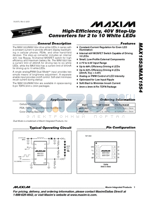 MAX1553ETA datasheet - High-Efficiency, 40V Step-Up Converters for 2 to 10 White LEDs