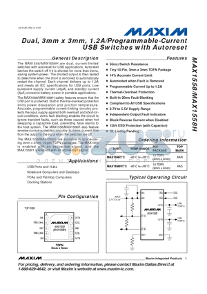 MAX1558ETB datasheet - Dual, 3mm x 3mm, 1.2A/Programmable-Current USB Switches with Autoreset