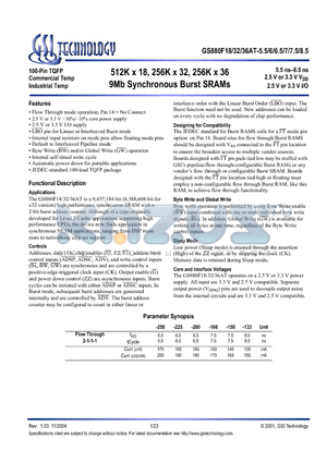 GS880F18AT-8.5I datasheet - 512K x 18, 256K x 32, 256K x 36 8Mb Sync Burst SRAMs