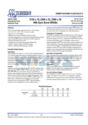 GS880F18BT-7.5I datasheet - 512K x 18, 256K x 32, 256K x 36 9Mb Sync Burst SRAMs