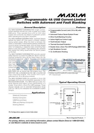 MAX1563ETC+ datasheet - Programmable 4A USB Current-Limited Switches with Autoreset and Fault Blanking
