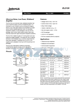 EL2126 datasheet - Ultra-Low Noise, Low Power, Wideband Amplifier