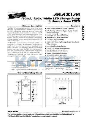 MAX1574 datasheet - 180mA, 1x/2x, White LED Charge Pump in 3mm x 3mm TDFN