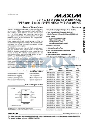 MAX157AEPA datasheet - 2.7V, Low-Power, 2-Channel, 108ksps, Serial 10-Bit ADCs in 8-Pin UMAX