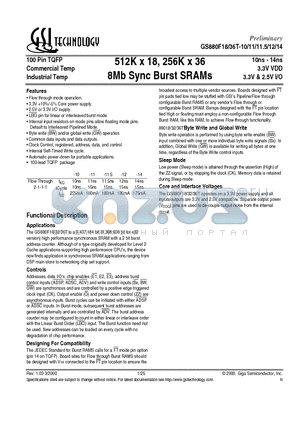 GS880F32T-12 datasheet - 512K x 18, 256K x 36 8Mb Sync Burst SRAMs