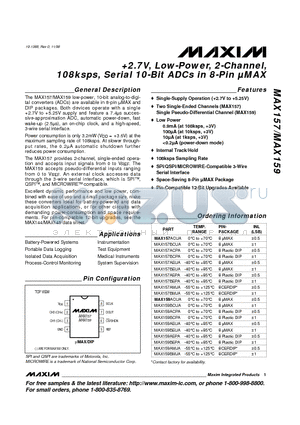 MAX157BEUA datasheet - 2.7V, Low-Power, 2-Channel, 108ksps, Serial 10-Bit ADCs in 8-Pin UMAX