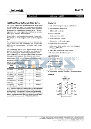 EL2141CS datasheet - 150MHz Differential Twisted Pair Driver
