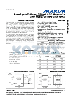 MAX1589A datasheet - Low-Input-Voltage, 500mA LDO Regulator with RESET in SOT and TDFN