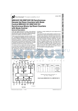 MM54HC190J datasheet - MM54HC190/MM74HC190 Synchronous Decade Up/Down Counters with Mode Control MM54HC191/MM74HC191 Synchronous Binary Up/Down Counters with Mode Control