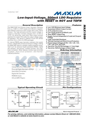 MAX1589ETT150 datasheet - Low-Input-Voltage, 500mA LDO Regulator with RESETin SOT and TDFN