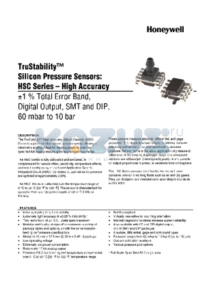 HSCMANN010BC7A5 datasheet - TruStability silicon Pressure Sensors: HSC Series-High Accuracy -1% total Error band,Digital output,SMT and DIP,60 mbar to 10 bar