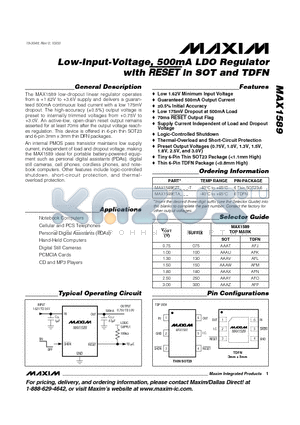MAX1589EZT300-T datasheet - Low-Input-Voltage, 500mA LDO Regulator with RESETin SOT and TDFN