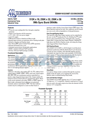 GS880V36BT-200I datasheet - 512K x 18, 256K x 32, 256K x 36 9Mb Sync Burst SRAMs