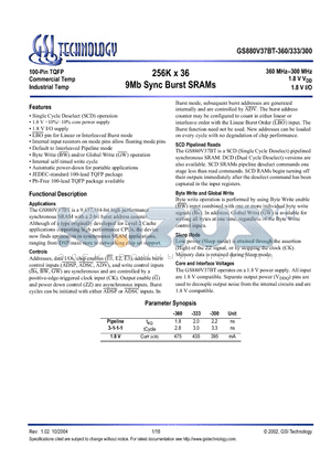 GS880V37BT-360 datasheet - 256K x 36 9Mb Sync Burst SRAMs