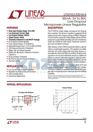 LT3011 datasheet - 50mA, 3V to 80V Low Dropout Micropower Linear Regulator