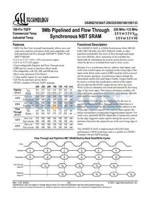 GS880Z18AT-133I datasheet - 9Mb Pipelined and Flow Through Synchronous NBT SRAM