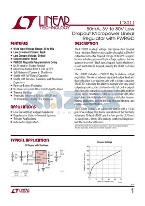 LT3011EDDPBF datasheet - 50mA, 3V to 80V Low Dropout Micropower Linear Regulator with PWRGD