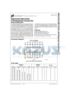 MM54HC85 datasheet - 4-Bit Magnitude Comparator