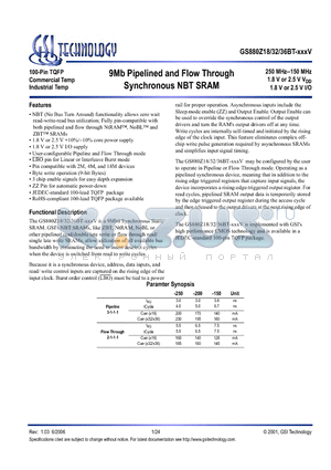 GS880Z18BGT-250IV datasheet - 9Mb Pipelined and Flow Through Synchronous NBT SRAM