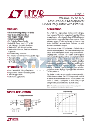 LT3013 datasheet - 250mA, 4V to 80V Low Dropout Micropower Linear Regulator with PWRGD